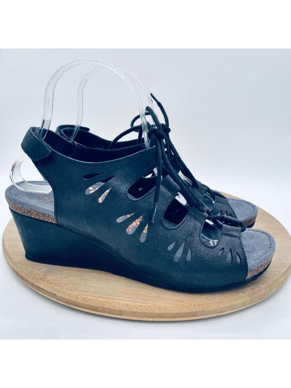 Aetrex Sandals Womens 8.5 39 Black Leather Giselle Slingback Wedge Peep